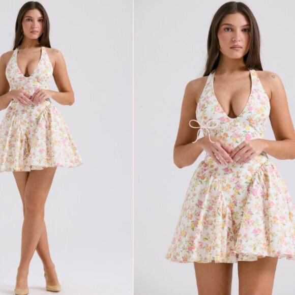 House Of CB 'Valentia' Ivory Meadow Print Cotton Halter Mini NWOT